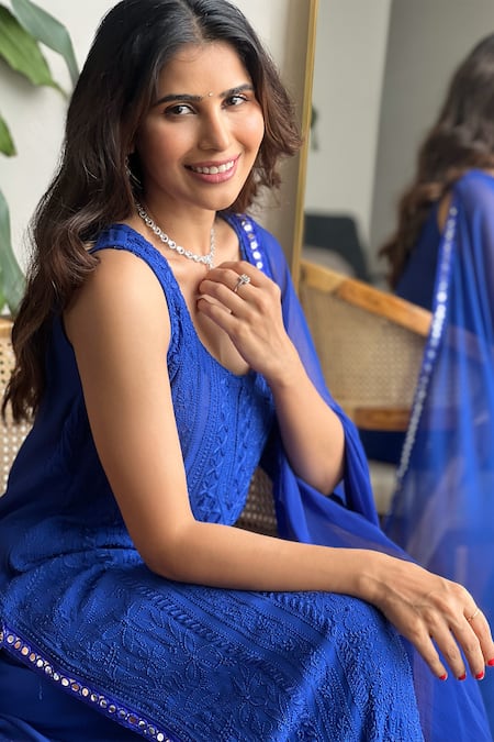 Buy LABEL AISHWARYRIKA Blue Georgette Embroidery, Mirrors Scoop Neck Floral Stripe Kurta Set Online at Aza Fashions Buy_LABEL AISHWARYRIKA_Blue Georgette Embroidery, Mirrors Scoop Neck Floral Stripe Kurta Set _Online_at_Aza_Fashions