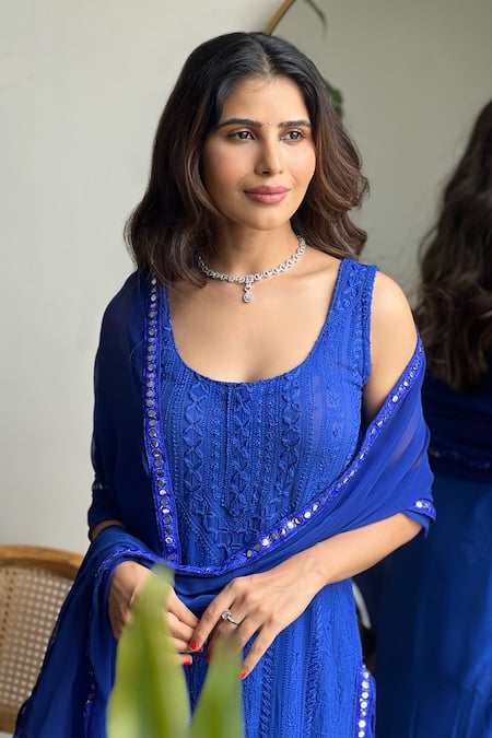 Buy LABEL AISHWARYRIKA Blue Georgette Embroidery, Mirrors Scoop Neck Floral Stripe Kurta Set Buy_LABEL AISHWARYRIKA_Blue Georgette Embroidery, Mirrors Scoop Neck Floral Stripe Kurta Set