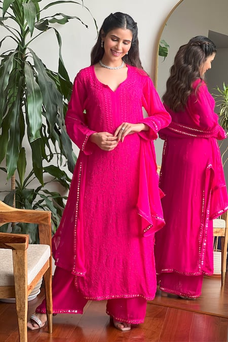 LABEL AISHWARYRIKA Pink Georgette Embroidery Chikankari Leaf Neck Verona Work Kurta Set 