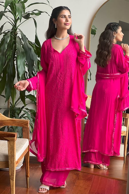 Shop_LABEL AISHWARYRIKA_Pink Georgette Embroidery, Mirrors Round Neck Verona Chikankari Work Kurta Set _at_Aza_Fashions