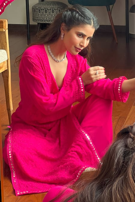 LABEL AISHWARYRIKA_Pink Georgette Embroidery, Mirrors Round Neck Verona Chikankari Work Kurta Set _Online_at_Aza_Fashions