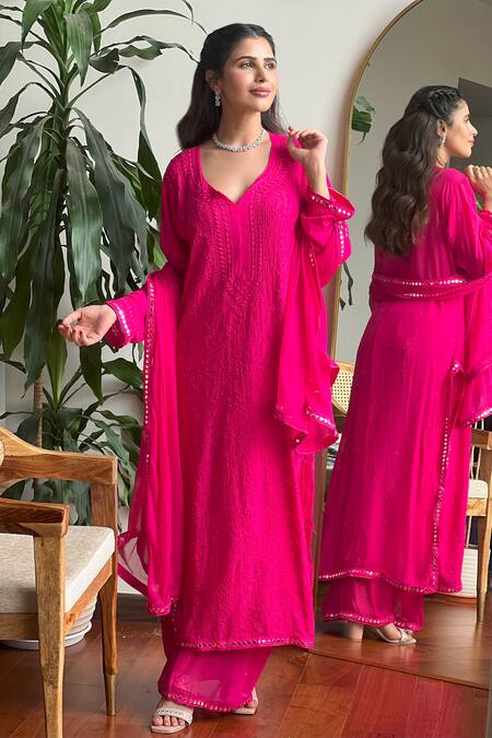 Shop_LABEL AISHWARYRIKA_Pink Georgette Embroidery, Mirrors Round Neck Verona Chikankari Work Kurta Set _Online_at_Aza_Fashions