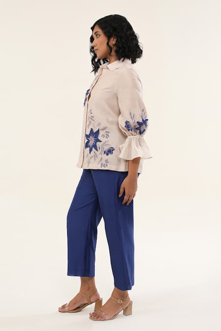Shop Origani Off White Chanderi Silk, Cotton Embroidery, Applique Bloom Shirt With Pant Online at Aza Fashions Shop_Origani_Off White Chanderi Silk, Cotton Embroidery, Applique Bloom Shirt With Pant _Online_at_Aza_Fashions