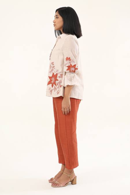Buy_Origani_Off White Chanderi Silk, Cotton Embroidery, Applique Blossom Shirt With Pant _Online_at_Aza_Fashions