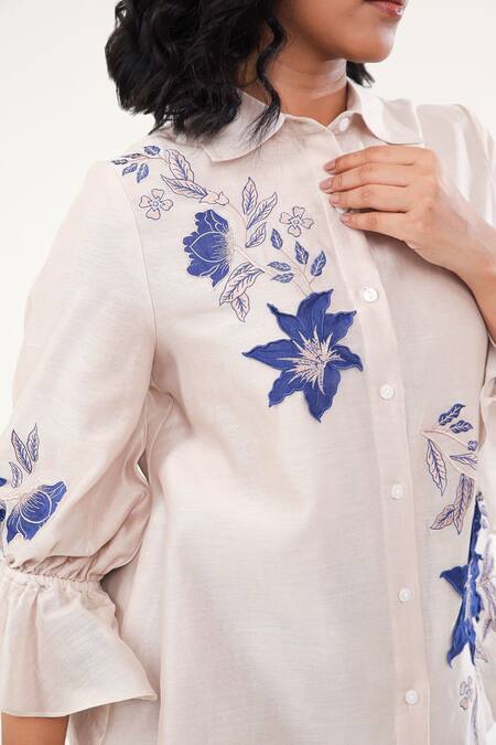 Shop_Origani_Off White Chanderi Silk Lining Cotton Embroidery Bloom Applique Shirt _Online_at_Aza_Fashions