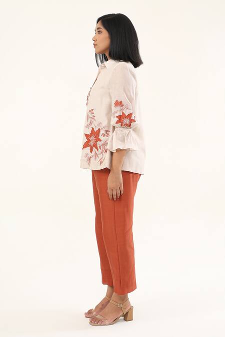 Buy_Origani_Off White Chanderi Silk Lining Cotton Embroidery Bloom Blossom Applique Shirt _Online_at_Aza_Fashions