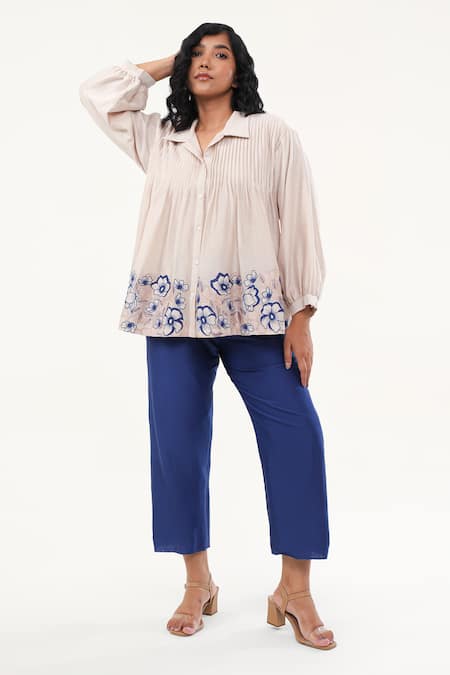 ORIGANI Off White Chanderi Silk Lining Cotton Pintucked Yoke Shirt With Pant 