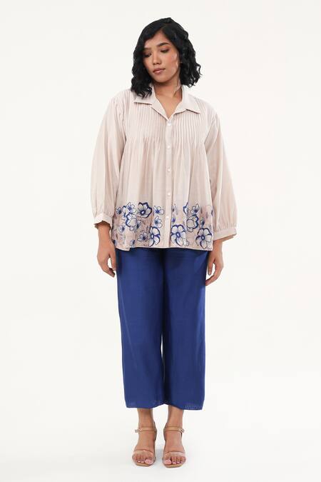 Buy Origani Off White Chanderi Silk, Cotton Flora Pintucked Yoke Shirt With Pant Online at Aza Fashions Buy_Origani_Off White Chanderi Silk, Cotton Flora Pintucked Yoke Shirt With Pant _Online_at_Aza_Fashions