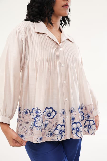 Origani Off White Chanderi Silk, Cotton Flora Pintucked Yoke Shirt With Pant at Aza Fashions Origani_Off White Chanderi Silk, Cotton Flora Pintucked Yoke Shirt With Pant _at_Aza_Fashions