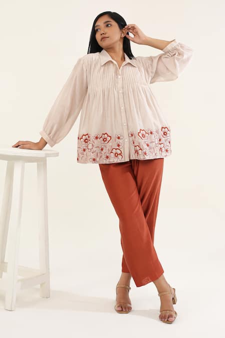 ORIGANI Florid Embroidered Pintucked Yoke Shirt With Pant 