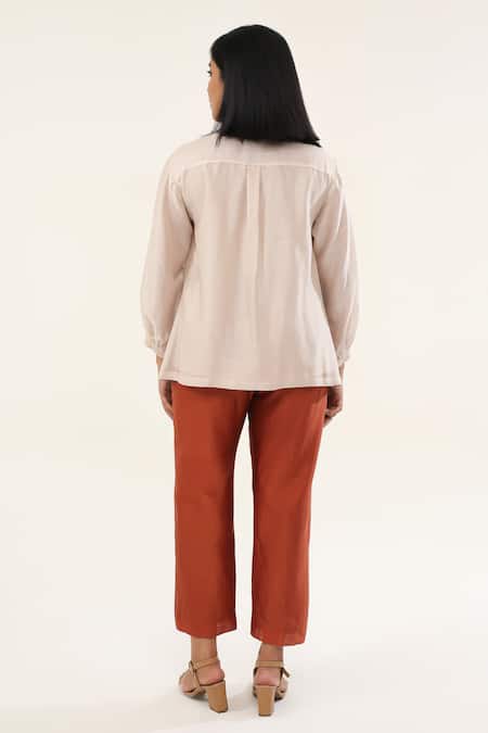 Origani_Off White Chanderi Silk, Cotton Florid Pintucked Yoke Shirt With Pant _Online_at_Aza_Fashions