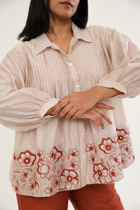 Origani_Off White Chanderi Silk, Cotton Florid Pintucked Yoke Shirt With Pant _at_Aza_Fashions