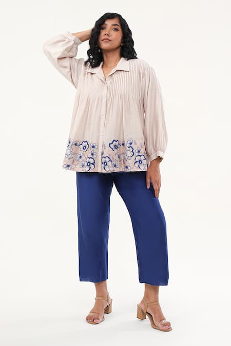 ORIGANI Off White Chanderi Silk Lining Cotton Embroidery Flora Pintucked Yoke Shirt 