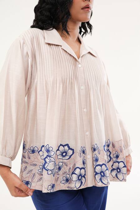 Shop Origani Off White Chanderi Silk, Cotton Embroidery, Applique Flora Pintucked Yoke Shirt Online at Aza Fashions Shop_Origani_Off White Chanderi Silk, Cotton Embroidery, Applique Flora Pintucked Yoke Shirt _Online_at_Aza_Fashions