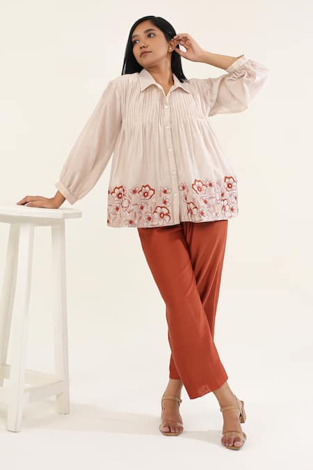 ORIGANI Florid Embroidered Pintucked Yoke Shirt 