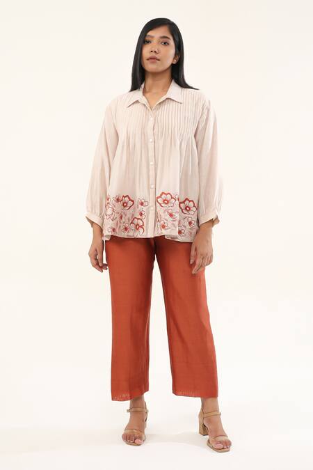 Buy_Origani_Off White Chanderi Silk, Cotton Embroidery, Florid Pintucked Yoke Shirt _Online_at_Aza_Fashions