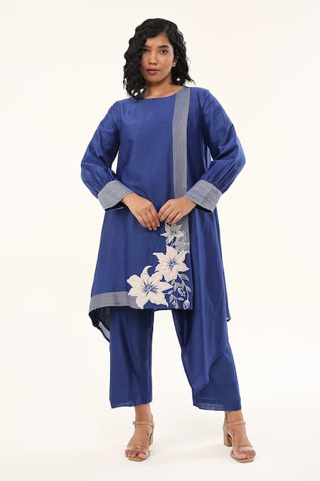 ORIGANI Daisy Applique & Thread Embroidered Asymmetric Kurta With Pant 