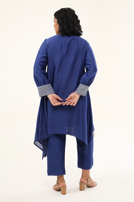 Origani_Blue Chanderi Silk, Cotton Daisy And Thread Asymmetric Kurta With Pant _Online_at_Aza_Fashions