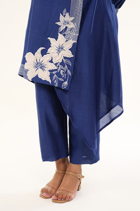 Shop_Origani_Blue Chanderi Silk, Cotton Daisy And Thread Asymmetric Kurta With Pant _Online_at_Aza_Fashions
