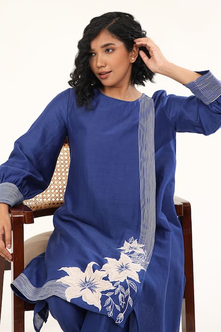 Origani_Blue Chanderi Silk, Cotton Daisy And Thread Asymmetric Kurta With Pant _at_Aza_Fashions