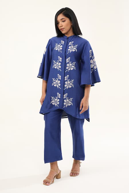 ORIGANI Blue Chanderi Silk Lining Cotton Applique Phool Asymmetric Kurta With Pant 