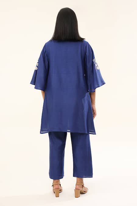 Origani_Blue Chanderi Silk, Cotton Embroidery Phool Applique Asymmetric Kurta With Pant _Online_at_Aza_Fashions