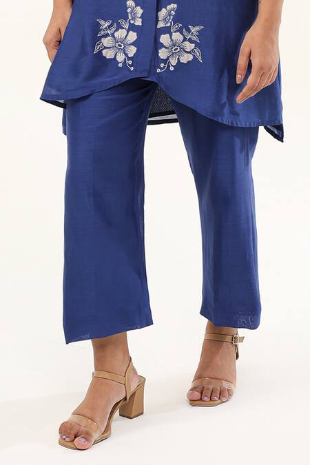 Buy_Origani_Blue Chanderi Silk, Cotton Embroidery Phool Applique Asymmetric Kurta With Pant _Online_at_Aza_Fashions