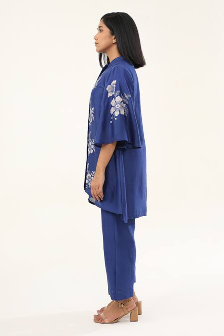Shop_Origani_Blue Chanderi Silk, Cotton Embroidery Phool Applique Asymmetric Kurta With Pant _Online_at_Aza_Fashions