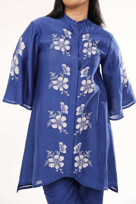 Origani_Blue Chanderi Silk, Cotton Embroidery Phool Applique Asymmetric Kurta With Pant _at_Aza_Fashions