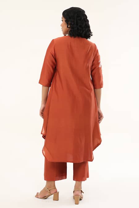Origani Orange Chanderi Silk, Cotton Bloom Garden Applique Asymmetric Kurta With Pant Online at Aza Fashions Origani_Orange Chanderi Silk, Cotton Bloom Garden Applique Asymmetric Kurta With Pant _Online_at_Aza_Fashions