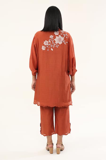 Origani Orange Chanderi Silk, Cotton Embroidery, Blossom Garden Kurta With Pant Online at Aza Fashions Origani_Orange Chanderi Silk, Cotton Embroidery, Blossom Garden Kurta With Pant _Online_at_Aza_Fashions