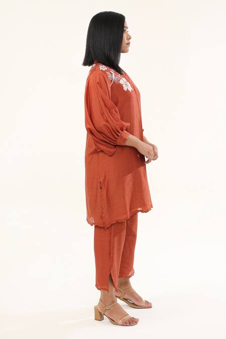Shop Origani Orange Chanderi Silk, Cotton Embroidery, Blossom Garden Kurta With Pant Online at Aza Fashions Shop_Origani_Orange Chanderi Silk, Cotton Embroidery, Blossom Garden Kurta With Pant _Online_at_Aza_Fashions