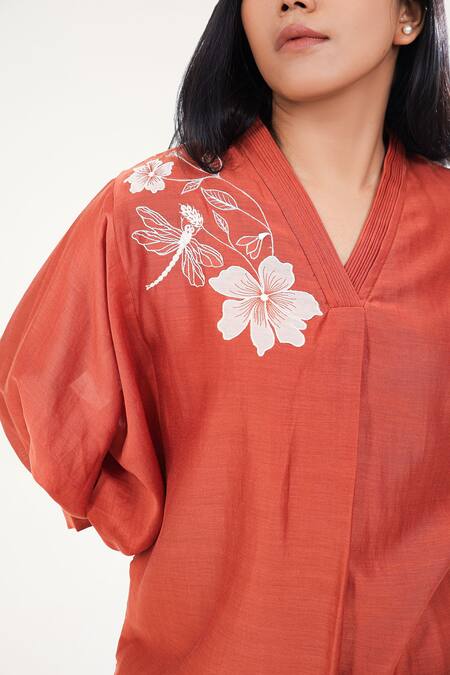 Origani Orange Chanderi Silk, Cotton Embroidery, Blossom Garden Kurta With Pant at Aza Fashions Origani_Orange Chanderi Silk, Cotton Embroidery, Blossom Garden Kurta With Pant _at_Aza_Fashions
