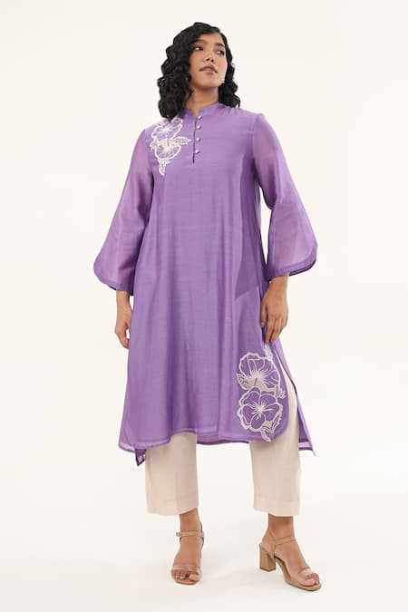 ORIGANI Purple Chanderi Silk Lining Cotton Applique Phool High Low Kurta With Pant 