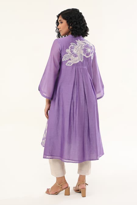 Shop Origani Purple Chanderi Silk, Cotton Embroidery Phool Applique High Low Kurta With Pant at Aza Fashions Shop_Origani_Purple Chanderi Silk, Cotton Embroidery Phool Applique High Low Kurta With Pant _at_Aza_Fashions