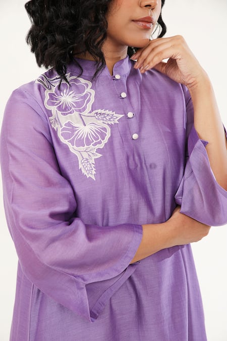Shop Origani Purple Chanderi Silk, Cotton Embroidery Phool Applique High Low Kurta With Pant Online at Aza Fashions Shop_Origani_Purple Chanderi Silk, Cotton Embroidery Phool Applique High Low Kurta With Pant _Online_at_Aza_Fashions