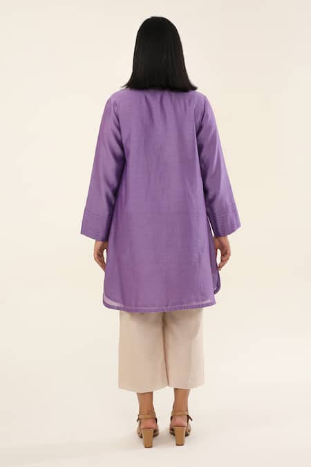 Origani_Purple Chanderi Silk, Cotton Applique Collared Flora Bloom Kurta With Pant _Online_at_Aza_Fashions