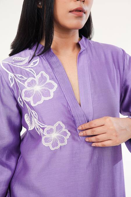 Shop_Origani_Purple Chanderi Silk, Cotton Applique Collared Flora Bloom Kurta With Pant _Online_at_Aza_Fashions
