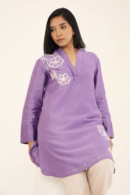 Origani_Purple Chanderi Silk, Cotton Applique Collared Flora Bloom Kurta With Pant _at_Aza_Fashions