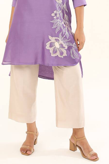 Buy Origani Purple Chanderi Silk, Cotton Periwinkle Garden High Low Kurta With Pant Online at Aza Fashions Buy_Origani_Purple Chanderi Silk, Cotton Periwinkle Garden High Low Kurta With Pant _Online_at_Aza_Fashions