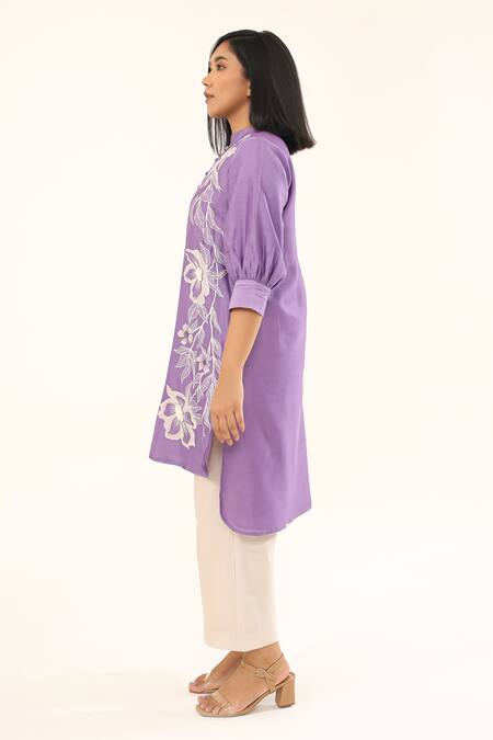 Shop Origani Purple Chanderi Silk, Cotton Periwinkle Garden High Low Kurta With Pant Online at Aza Fashions Shop_Origani_Purple Chanderi Silk, Cotton Periwinkle Garden High Low Kurta With Pant _Online_at_Aza_Fashions