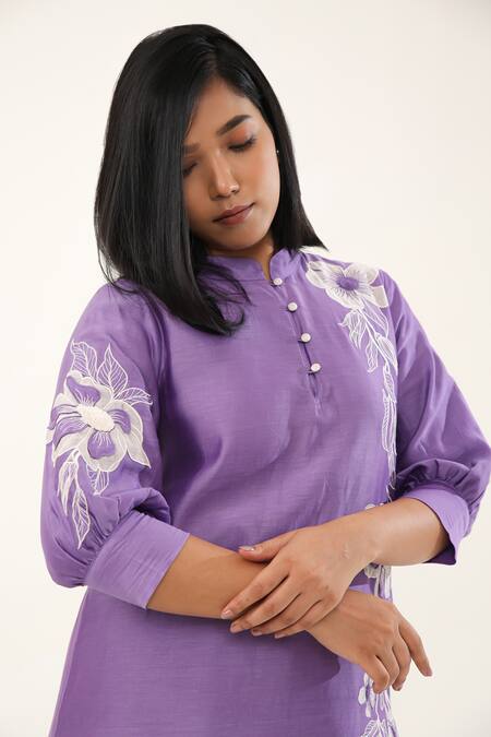 Origani Purple Chanderi Silk, Cotton Periwinkle Garden High Low Kurta With Pant at Aza Fashions Origani_Purple Chanderi Silk, Cotton Periwinkle Garden High Low Kurta With Pant _at_Aza_Fashions