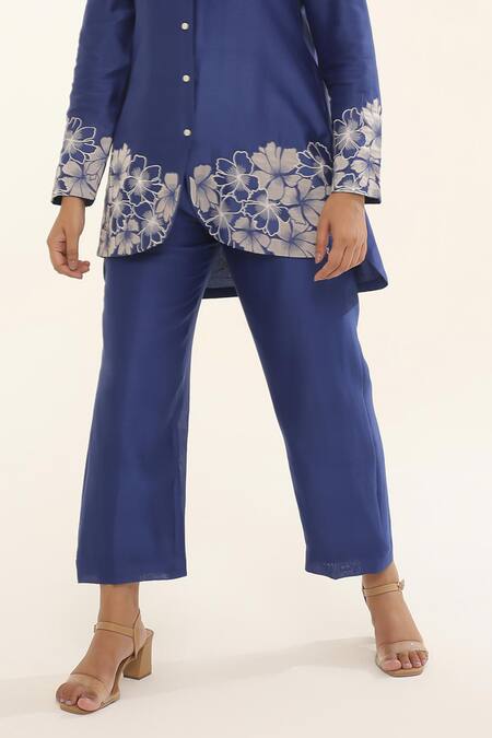 Buy_Origani_Blue Chanderi Silk, Cotton Applique Button-down Neck Flowerbed Shirt With Pant _Online_at_Aza_Fashions