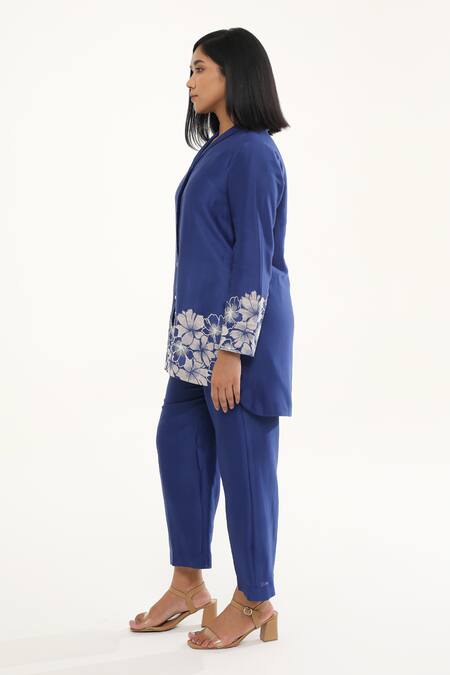 Shop_Origani_Blue Chanderi Silk, Cotton Applique Button-down Neck Flowerbed Shirt With Pant _Online_at_Aza_Fashions