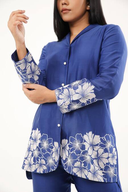 Origani_Blue Chanderi Silk, Cotton Applique Button-down Neck Flowerbed Shirt With Pant _at_Aza_Fashions