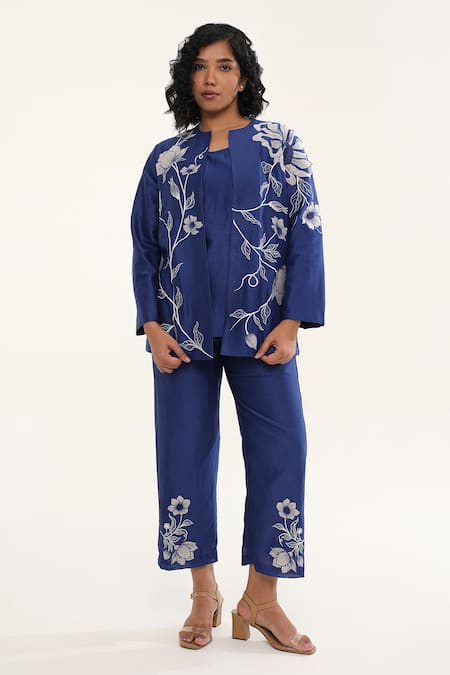 ORIGANI Floral Vine Applique Jacket Pant Set 