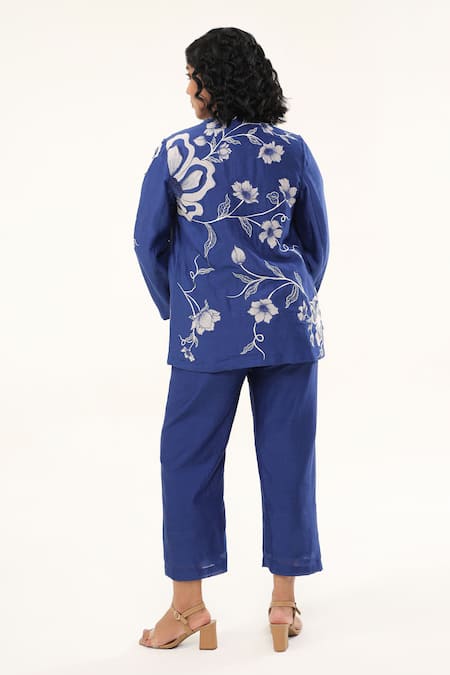 Shop_Origani_Blue Chanderi Silk, Cotton Embroidery, Applique Floral Vine Jacket Pant Set _at_Aza_Fashions