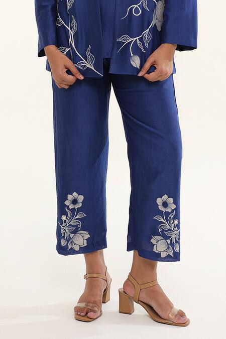 Origani_Blue Chanderi Silk, Cotton Embroidery, Applique Floral Vine Jacket Pant Set _Online_at_Aza_Fashions