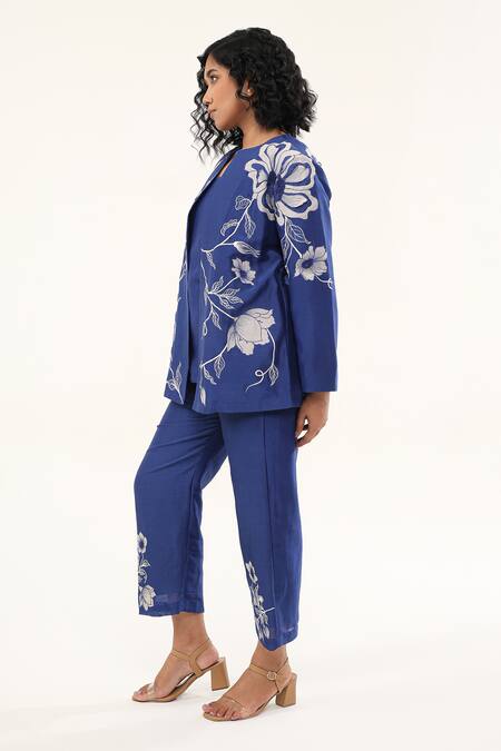 Buy_Origani_Blue Chanderi Silk, Cotton Embroidery, Applique Floral Vine Jacket Pant Set _Online_at_Aza_Fashions