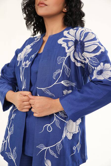 Shop_Origani_Blue Chanderi Silk, Cotton Embroidery, Applique Floral Vine Jacket Pant Set _Online_at_Aza_Fashions
